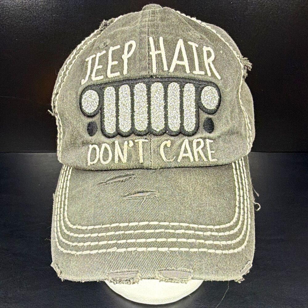 Jeep Hair Don't Care Gray Distressed / Thrashed Baseball Hat